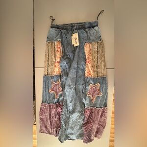 (NWT) Blue Velvet Patchwork Denim Maxi Skirt XL Boho Star Light Wash